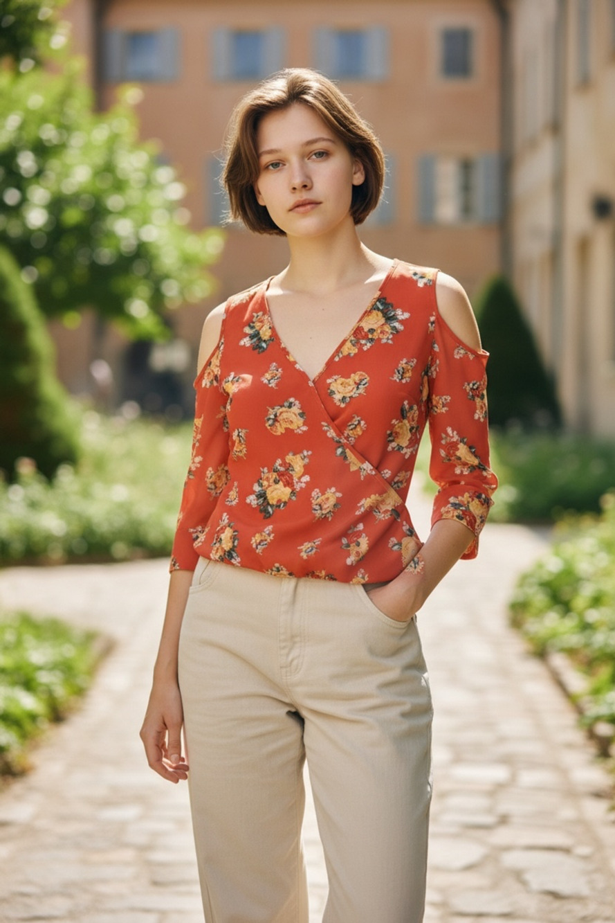 JustFab Red Floral Cold Shoulder Wrap Blouse